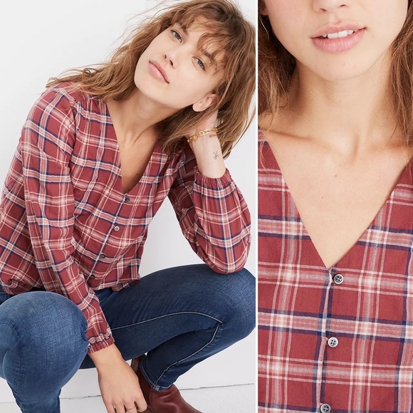 Madewell V-Neck Button-Down Shirt in Stratfield Plaid Size Small - Picture 2 of 13